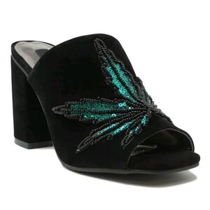 Iron Fist ✦ Mary Jane Block Heel Mules ✦ Green Black Vegan Velvet Weed Leaf